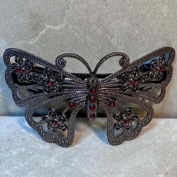 Vintage Ornate Filigree Butterfly Jeweled Metal Hair Clip Barrette - Picture 4 of 7